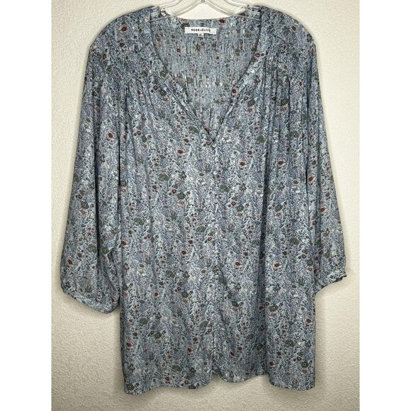 Rose + Olive Blouse Womens 3X Blue Floral Smocked Button Front 3/4 Sleeve Boho - Picture 2 of 13
